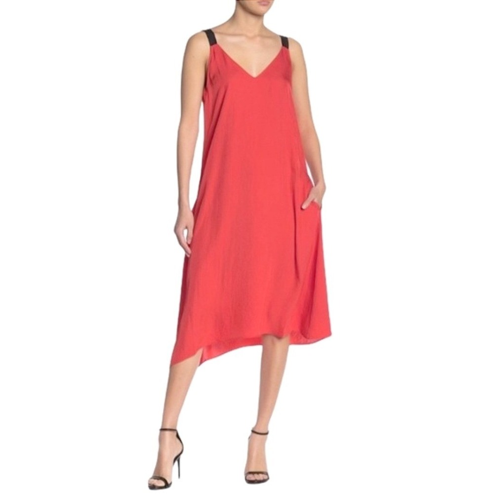 Rag & Bone Zoe Dress Red V-Neck Asymmetrical Midi Black Straps Size S